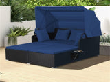 Navy Rattan Daybed Lounge W/ Retractable Top Canopy Side Tables Cushions 50299606