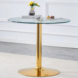 A 35-inch diameter glass top and a modern, minimalist round dining table with gold metal legs. Ideal W1151P263755