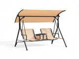 Beige 2-Seat Porch Swing with Adjustable Canopy, Built-in Storage Table & Cup Holders for Backyard 02083236