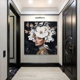Floral Woman Canvas Wall Art Black and White Bird Tattoo Portrait Modern Aesthetic Artwork for W3374P322231