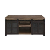 ZUN Rustic Oak and Black Coffee Table with Sliding Doors B062P181396