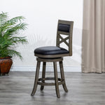 ZUN 30" Bar Height X-Back Swivel Stool, Weathered Gray Finish, Black Leather Seat B04660725