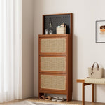 ZUN Rattan Shoe Cabinet for Entryway, Free Standing Shoe Rack with 3 Flip Drawers & Black Pegboard, W1801P172870