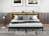 Full Size Metal Platform Bed Frame with Wooden Headboard and Footboard with USB LINER, LED Lights, W311P416241