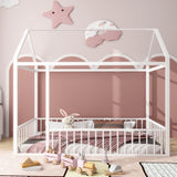 Twin Size Metal Bed House Bed Frame with Fence, for Kids, Teens, Girls, Boys, White MF304315AAK