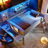 Wood Full Size Gaming Loft Bed with Desk and LED, Grey 86125972