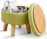 ZUN Storage Ottoman, Modern Round Footrest with Soft Padded Seat, Teddy Velvet Footstool with Wood Legs, 60616356