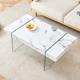 ZUN 43.3"x23.6" White Marble-Patterned MDF Coffee Table with Tempered glass legs.Suitable for Living W1151P209565