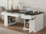 55" Modern Fluted Office Desk with Storage Cabinet & Drawers, Computer Writing Desk with Power 60780719