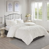 3 Piece Tufted Cotton Chenille Damask Comforter Set Off-White King/Cal King B03597088