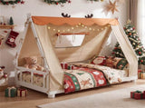 Twin Size Montessori House Floor Bed with Removable Canopy Tent, Solid Wood Kids Bed with Guardrails 81025719