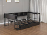 Corner Bed Frame Twin Size with Bookcase and 2 Underbed Storage Drawers, Modern Twin Bed with LED W1670P357170