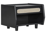 Black Nightstand with Rattan Detail, MDF Solid Wood, Modern Bedroom Storage, Open Shelf & Drawer, N770P374577B