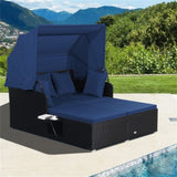Navy Rattan Daybed Lounge W/ Retractable Top Canopy Side Tables Cushions 50299606
