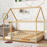 Full Size House Floor Wooden Bed with Roof Frame, Safety Guardrails,Natural W504P286409