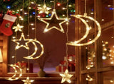 Warm yellow moon star curtain light with 148 LED solar curtain lights including 30519744