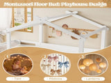 Full Size Floor Bed with Guardrails and Roof, Kids House Floor Bed with a Small Built-in Tray and W1580P396332