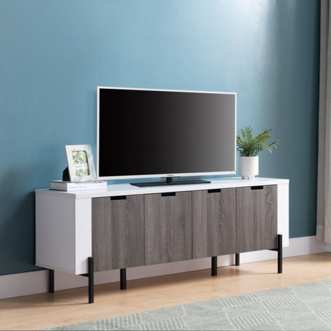 ZUN 60" Two- Toned TV Stand with Four Cabinet Doors, Storage Cabinet -White & Distressed Grey B107130965