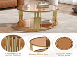Modern Brown Glass Coffee Table, Asymmetrical Metal, Circular Metal Drum Base, Gold Finish & Lower N735P177478D
