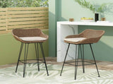 29.25" Outdoor Wicker and Iron Low Back Barstools, Brown, with Beige Cushion N772P528606L