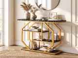 39.5" Modern Sofa Table with 4-Tier Storage, Black & Gold Console Table with Faux Marble Top for 50074188