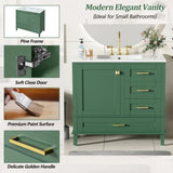 36" Green Bathroom Vanity with Solid Pine Frame, 1 Soft Close Door and 3 Drawers , Modern Storage N729P211167F