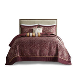 ZUN 5 Piece Jacquard Bedspread Set with Throw Pillows Burgundy King B03597643