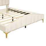 ZUN Queen Size Velvet Platform Bed with Thick Fabric, Stylish Stripe Decorated Bedboard and Elegant 00803623