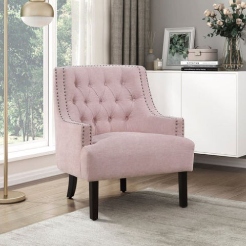ZUN Modern Traditional Accent Chair Pink Chenille Upholstery Button-Tufted Solid Wood 1pc Living Room B011P182661