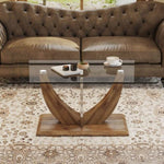 ZUN Modern minimalist transparent tempered glass coffee table with wooden MDF legs and stainless steel W1151P149674