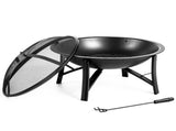20.2in Round Wood- Pit with Mesh Lid, Fire Poker/Grate, Black 53387512