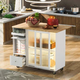 Kitchen Island with Drop Leaf, LED Light Kitchen Cart on Wheels with 2 Fluted Glass Doors and 1 Flip WF311171AAW