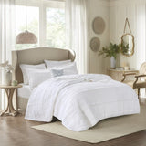 4 Piece Microfiber Reversible Ruffle Quilt Set with Throw Pillow White Full/Queen B03597434