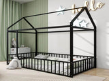 Twin Size Metal Bed House Bed Frame with Fence, for Kids, Teens, Girls, Boys, Black MF304315AAB