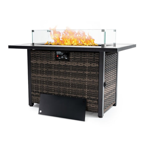 ZUN Outdoor Fire Pit 50,000 BTU Propane Gas Fire Table with Lid Fireplace with Glass Wind Guard Wicker W213P266078