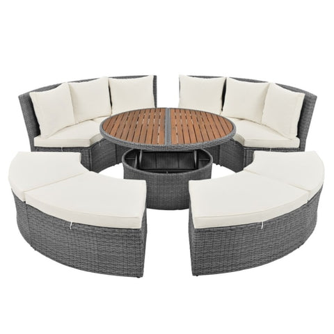 ZUN Patio 5-Piece Round Rattan Sectional Sofa Set All-Weather PE Wicker Sunbed Daybed with Round 30883835