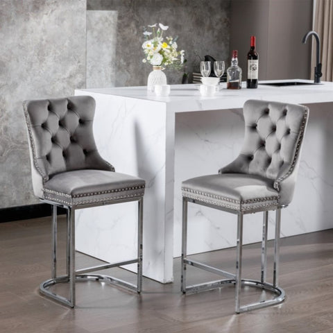 ZUN 26" Counter Height Bar Stools Set of 2, Modern Velvet Barstools with Button Back&Rivet Trim W1143112577