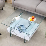 31.4 Inch Modern Two-Tier Square Coffee Table - An Elegant Combination of Clear Glass and White W1151P232657