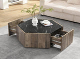Hexagonal Rustic Retro Wood Coffee Table, with 2 Hidden Drawers, Textured Black Marble Tops, Light N770P309823L