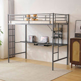 Twin Size Metal Bed with Desk and Storage Shelves, 2 Built-in Ladders & Full-Length Guardrails, 46259316