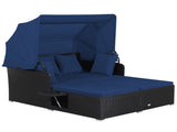 Navy Rattan Daybed Lounge W/ Retractable Top Canopy Side Tables Cushions 50299606