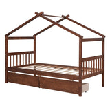 ZUN Twin Size Wooden House Bed with Drawers, Walnut WF300799AAL