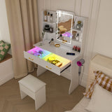Vanity Desk with LED Lights Mirror & Power Outlet,Vanity Table Set with Storage Drawers & Chair, 3 W509P297013