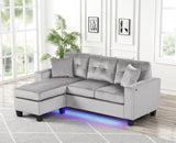 Sorenza 74"W Gray Velvet Reversible Sectional Sofa Chaise with LED Light, USB Port, Nailhead Trim, B061P284875