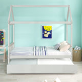Solid Wood Twin House Bed Frame with Twin Size Trundle For White Color, No Box Spring Needed W69740991