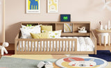 Wood Twin XL Size Floor Bed with Storage Cabinets and USB Ports, Brown N709P205811D