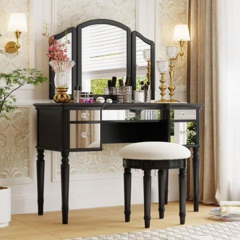 ZUN GO 43" Dressing Table Set with Mirrored Drawers and Stool, Tri-fold Mirror, Makeup Vanity Set for WF306449AAB