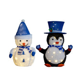 Set of 2 Lighted Plush Penguin and Snowman Christmas Decorations, Pre-lit Pull Up Holiday Decor with 71294454
