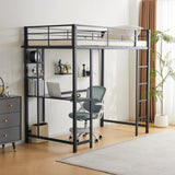 ZUN Twin Size Metal Loft Bed with Desk and Storage Shelves, 2 Built-in Ladders & Guardrails, Loft Bed 24084239