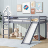 ZUN Twin Low Loft Bed with Slide, Ladder, Safety Guardrails, Rubber Wood Twin Loft Bed,Grey W504P218522